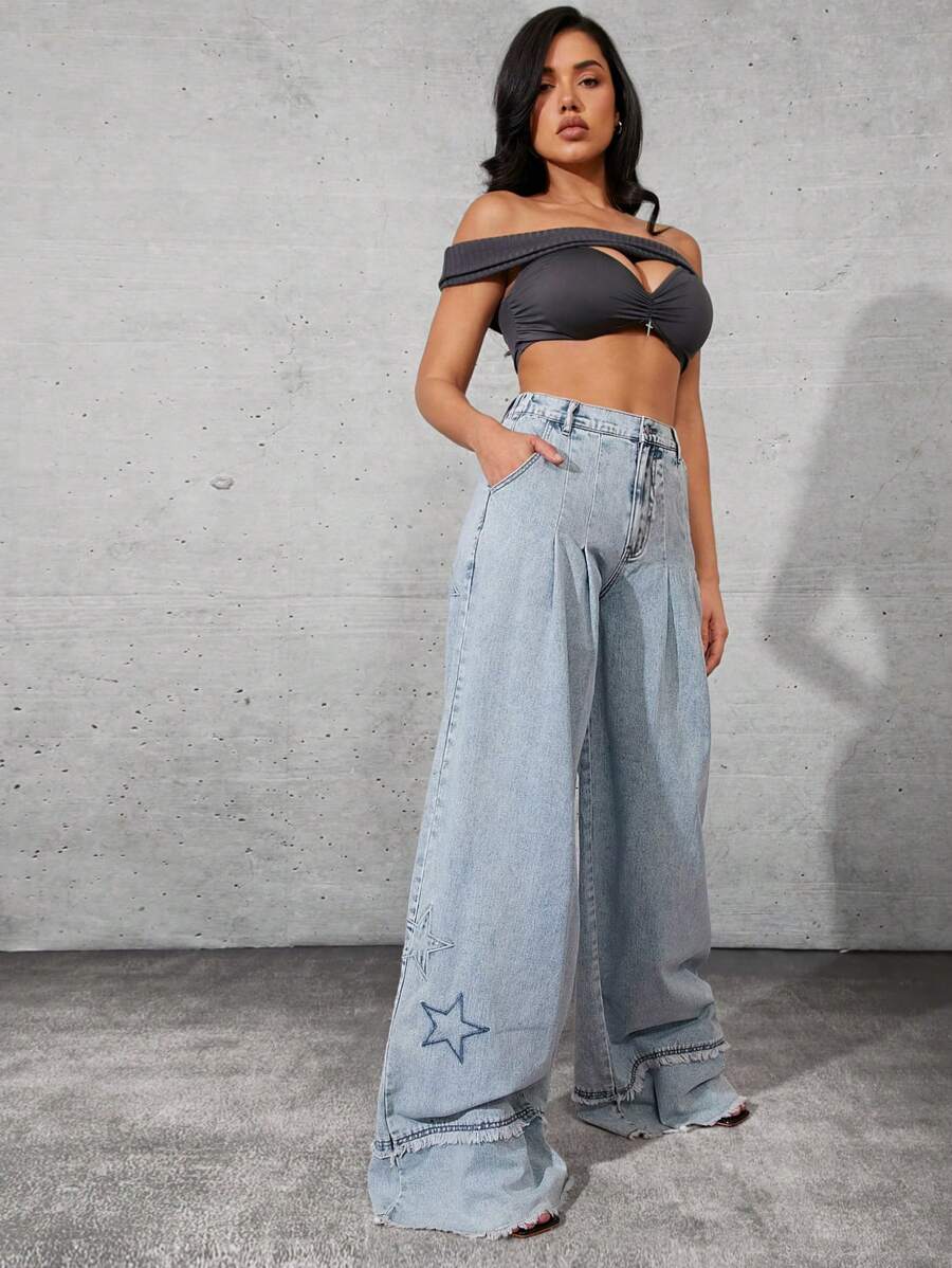 Denimoi Women Plain Pocket Decor Casual All-Match Loose Wide Leg Jeans