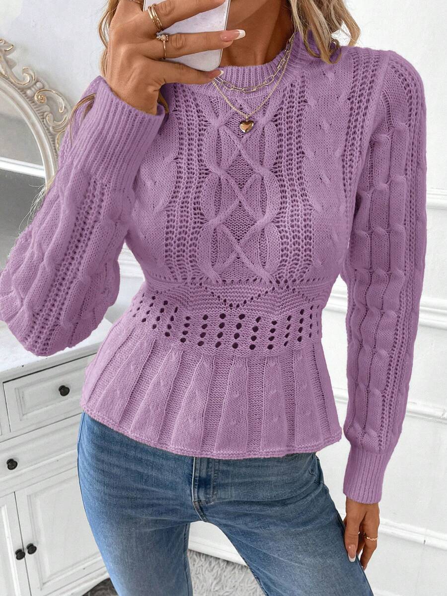SHEIN Clasi Women Crewneck Twist Rope Hem Fitted Pullover Sweater, Elegant Long Sleeve Top, Suitable For Work, Teaching