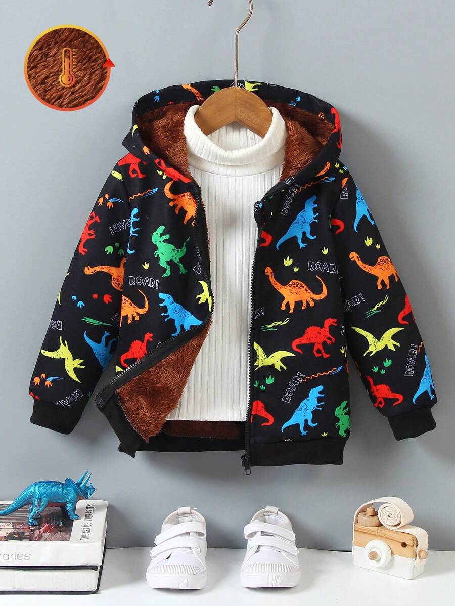 Chaqueta con capucha con forro térmico y estampado multicolor de dinosaurios para niños pequeños, una combinación perfecta de moda y comodidad, diseñada para niños activos