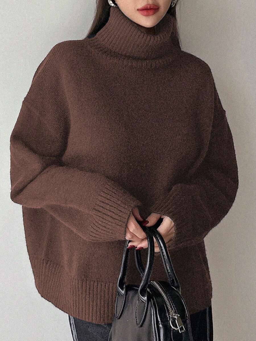 DAZY Maglione oversize casual e minimale da donna, con collo alto e spalle scoperte, in tinta unita, adatto per l'autunno/inverno