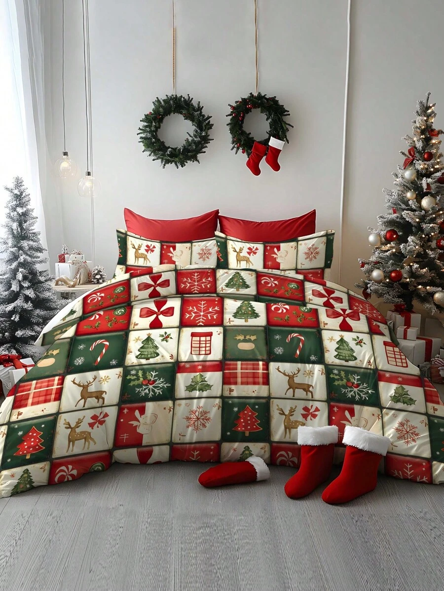 2/3 pièces Ensemble de literie de Noël, couette en microfibre douce à imprimé numérique avec motifs du père Noël, traîneau, bonhomme de neige, cloches, rennes, pins et sapin de Noël. Convient pour la chambre, la chambre d'amis, la salle de jeux, l'hôtel, le dortoir