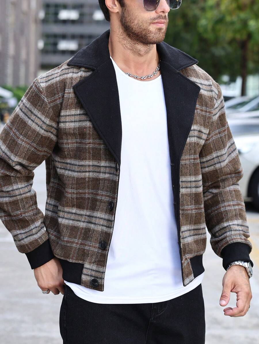 Manfinity Homme Chaqueta casual versátil de manga larga con estampado de cuadros para hombre, chaqueta cálida de diseñador color caqui para salir