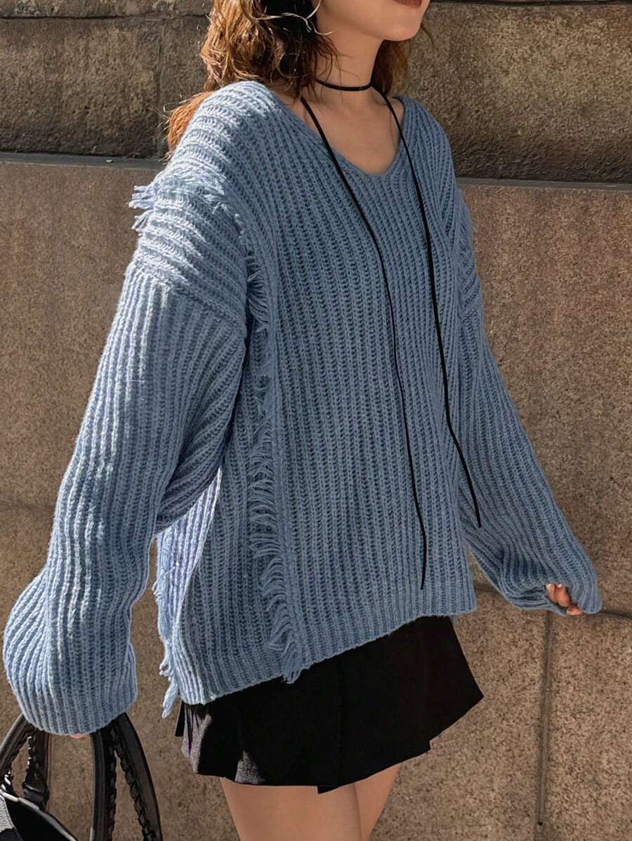 FRIFUL Women Solid V-Neck Drop Shoulder Long Sleeve Fuzzy Patchwork Loose Sweater, Autumn/Winter
