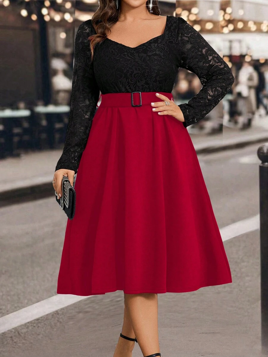 SHEIN Clasi Vestido largo de fiesta de línea A con estética ajustada, de manga larga, cuello cuadrado y encaje para mujeres de talla grande, para otoño/invierno