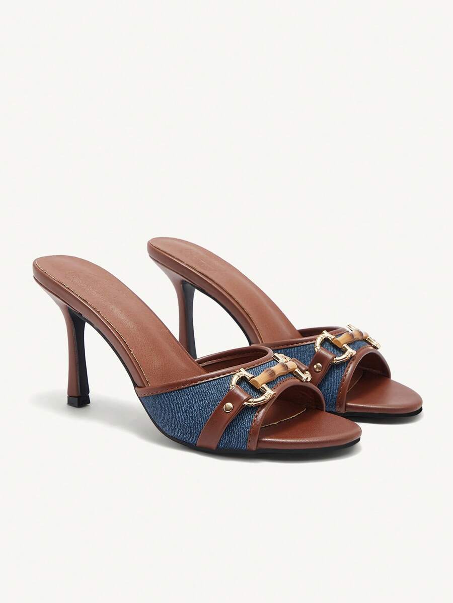 CUCCOO BIZCHIC Sandalias de tacón alto casuales y sencillas con decoración metálica de color liso para mujer