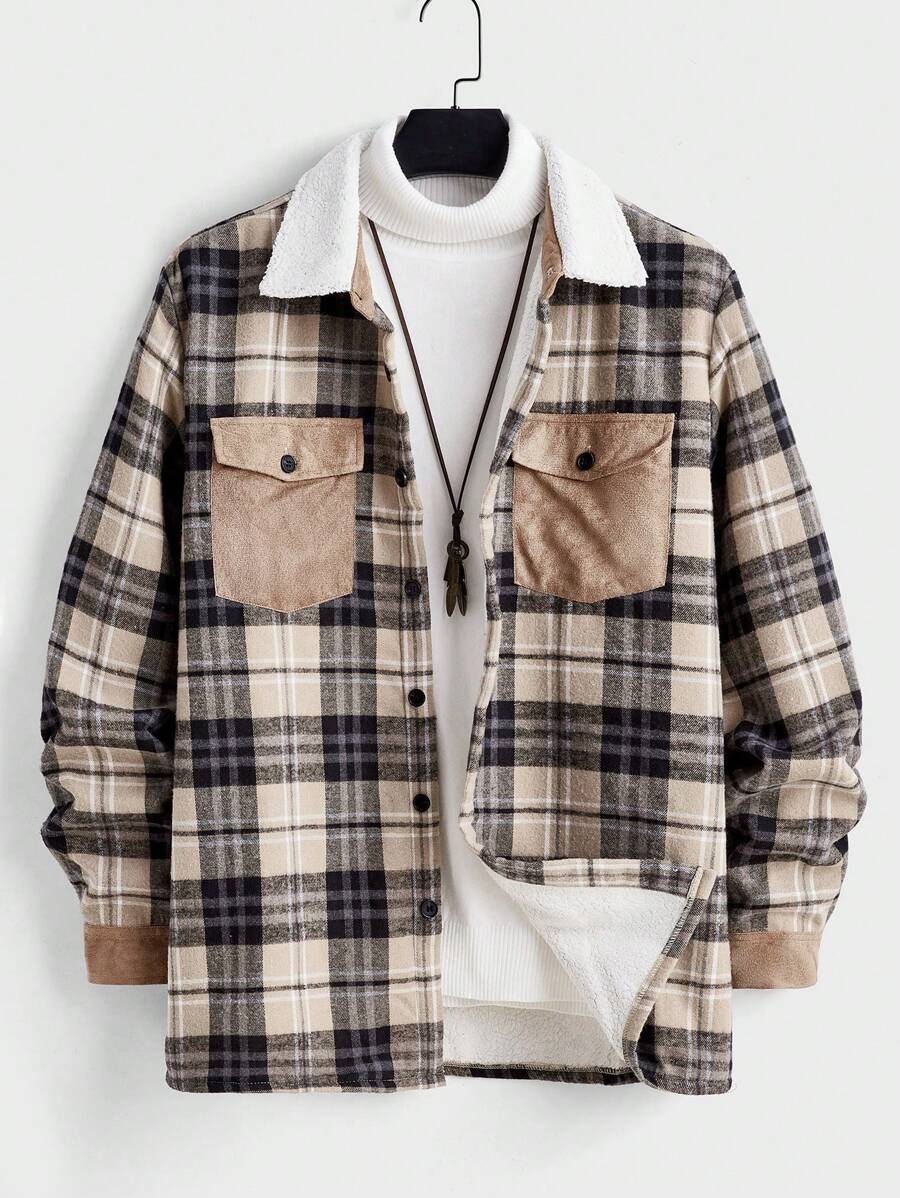 Manfinity Homme Jaqueta Forrada Termicamente com Remendos de Camurça Xadrez para Homens, Jaqueta de Trabalho de Moda com Mangas Longas, Jaqueta Estampada de Bloco de Cor Xadrez, Presente para Amigos, Marido, Namorado