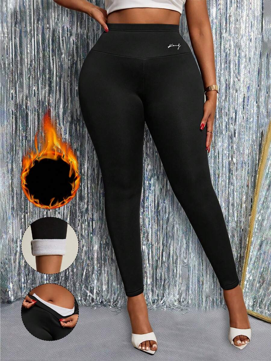 Slaydiva Plus Size Grey Fleece Casual Street Essentials Solid Color Letter Embroidery Skinny High Stretch Leggings, Seamless Base Layer Pants For Women