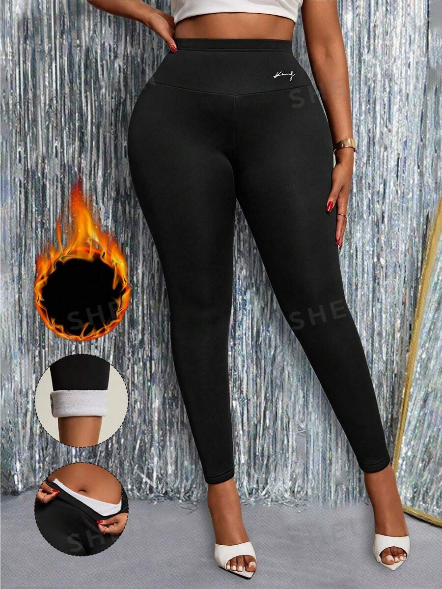 Slaydiva Mallas informales de talla grande de color gris de felpa, esenciales de calle, unicolor con bordado de letras, elásticas y ceñidas, pantalones de capa base sin costuras para mujer