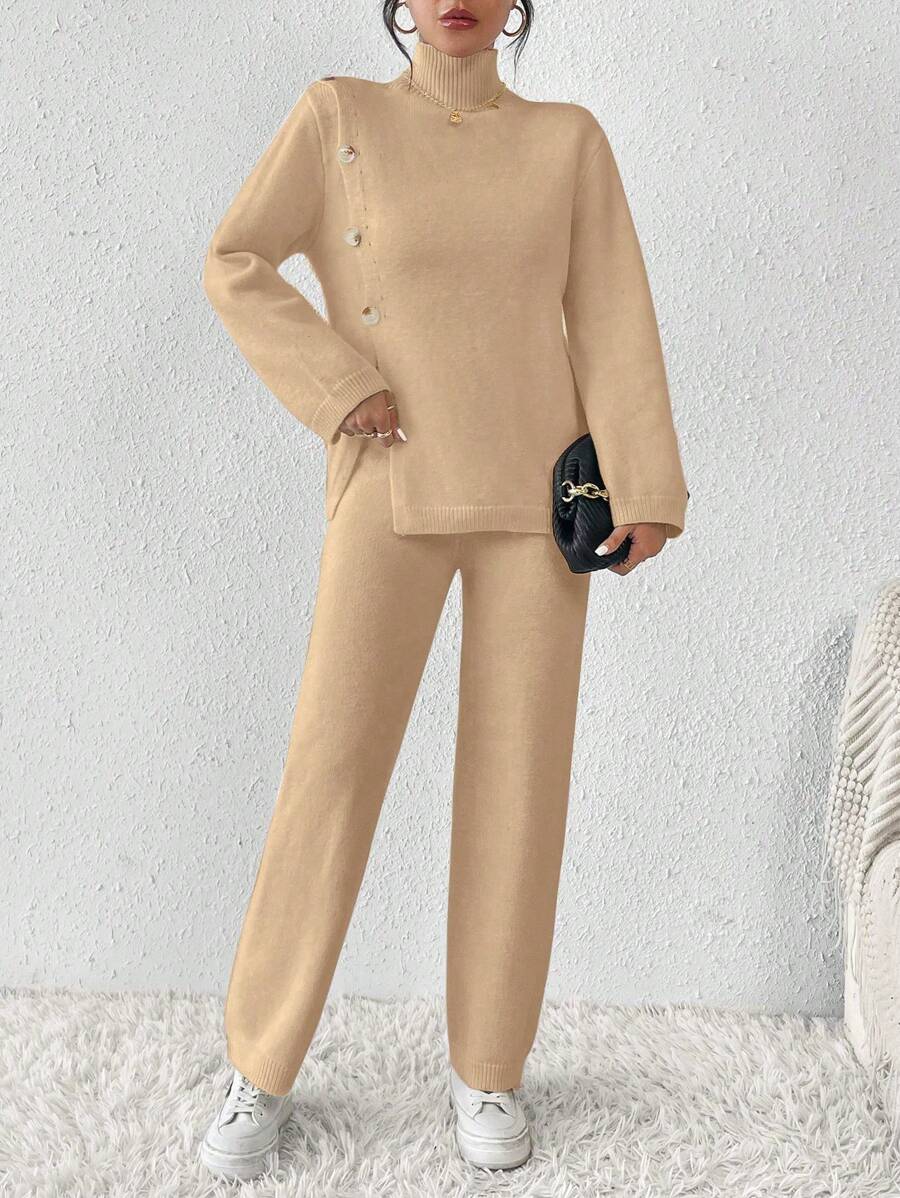 Chiquease 2pcs Solid Color Turtleneck Slit Cuff Long Sleeve Top And Pants Elegant Knitted Suit Set