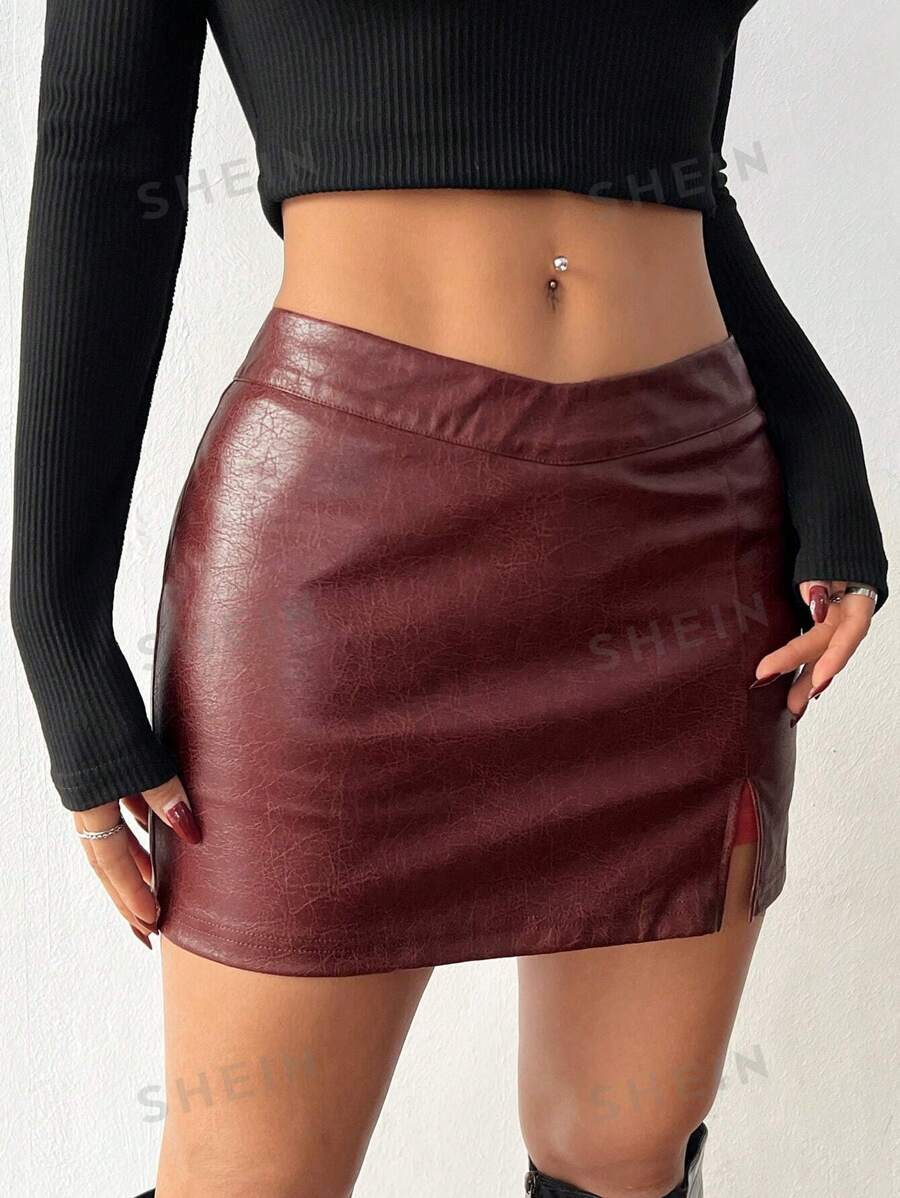 SHEIN PETITE Falda de mujer retro sexy con espalda descubierta, falda mini rojo retro desgastado premium, falda burdeos