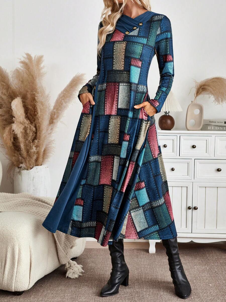 EMERY ROSE Women Patchwork Long Sleeve Button Up Casual Mini Dress, Simple Style Maxi Women Outfit