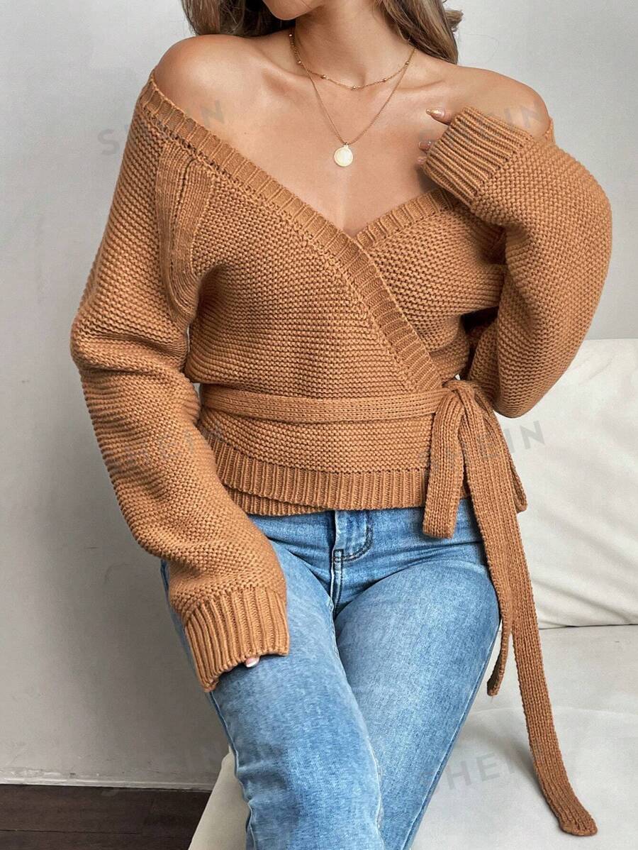 SHEIN LUNE Suéter holgado de punto de manga raglán y hombros descubiertos de unicolor, para otoño/invierno