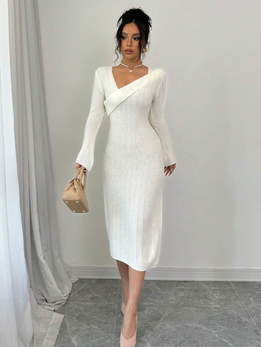 Elenzga Women Asymmetric Collar Long Sleeve Fitted Elegant Sweater Dress, Autumn/Winter