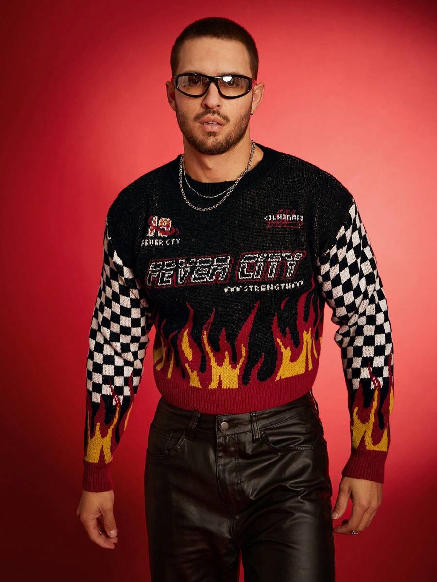 FeverCity Men's Digital Print Loose Knit Graphic Funny Pullover Long Sleeve Sweater, For Party