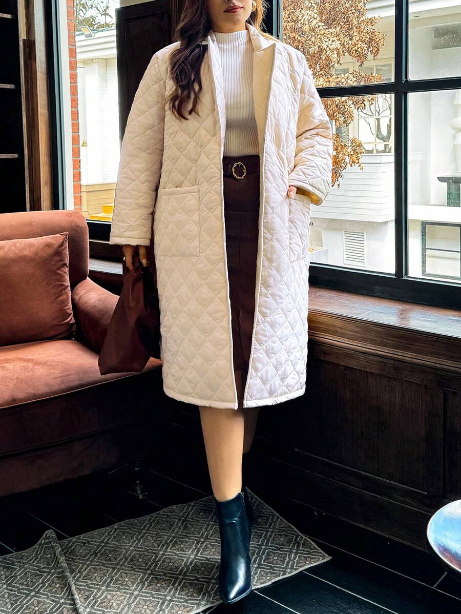 SHEIN Privé Plus Size Casual Turndown Collar Pockets Long Padded Coat, Suitable For Commuting, Autumn/Winter