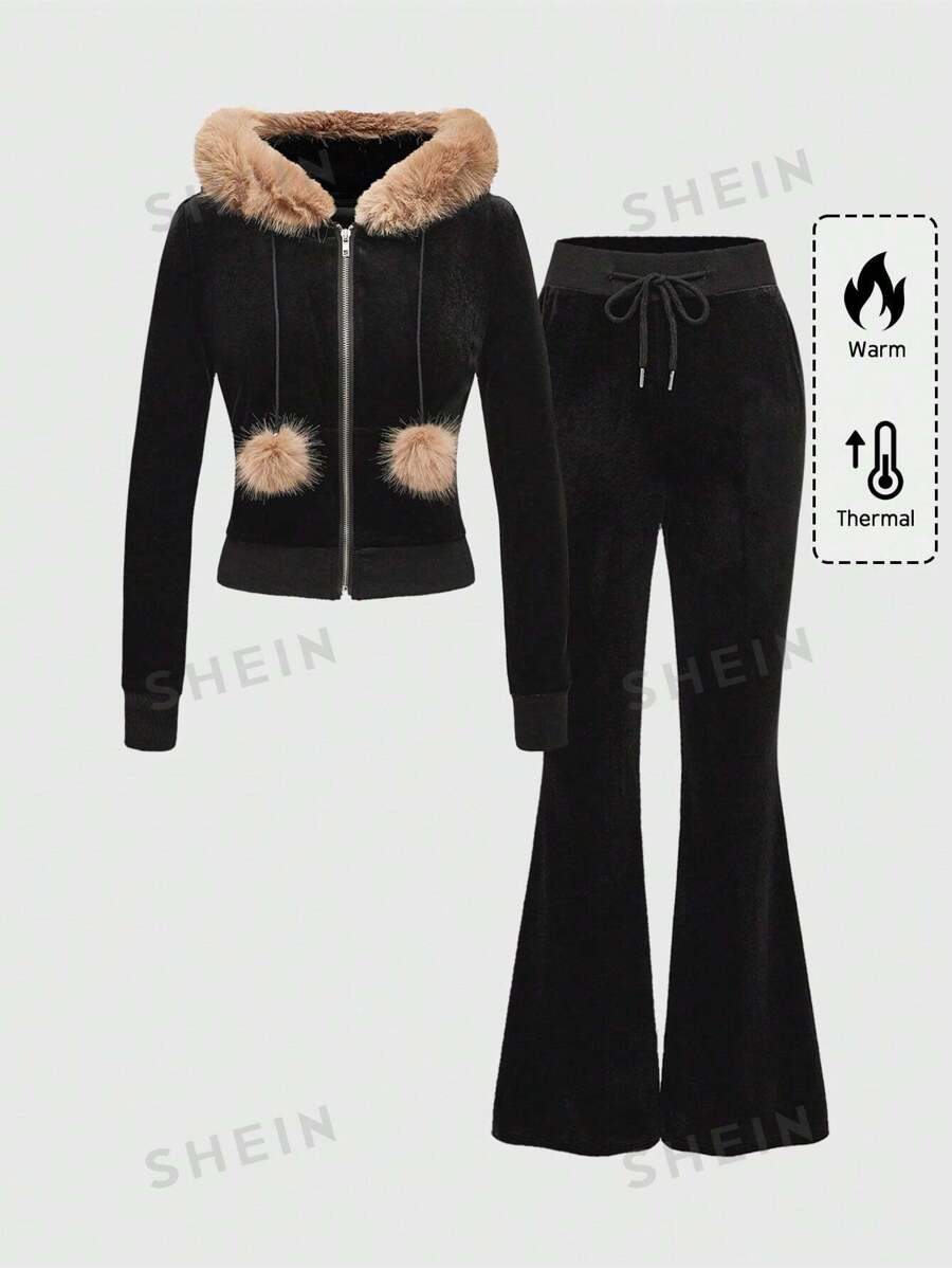 ROMWE Grunge Punk Set de 2 piezas compuesto por top con cremallera y capucha de terciopelo con parches y pantalones acampanados con cordón de mujer