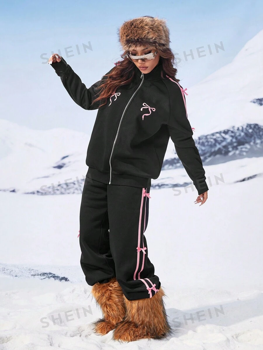 SHEIN EZwear Conjunto casual de otoño para mujer en dos piezas con moño
