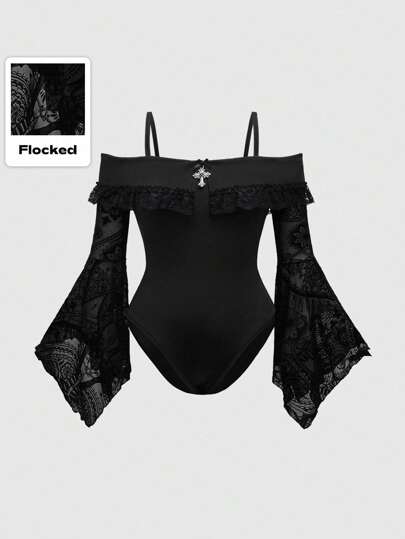 Goth 1pc Women Plus Size Gothic Metal Cross Off Shoulder Asymmetrical Hem Flocked Flare Sleeve Bodysuit, For Winter