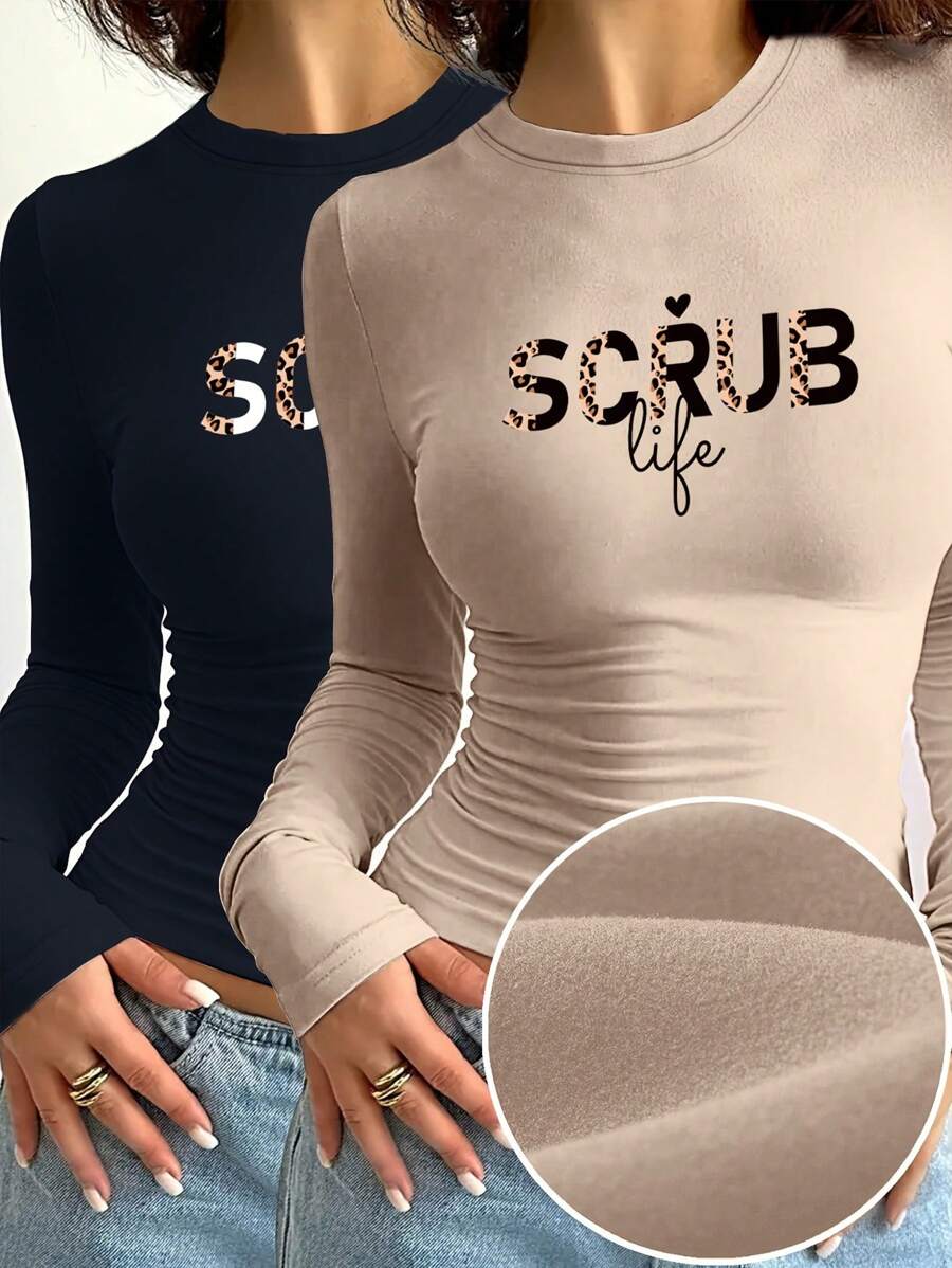 VaVaBold Women's Letter Print Casual Crew Neck Long Sleeve T-Shirt