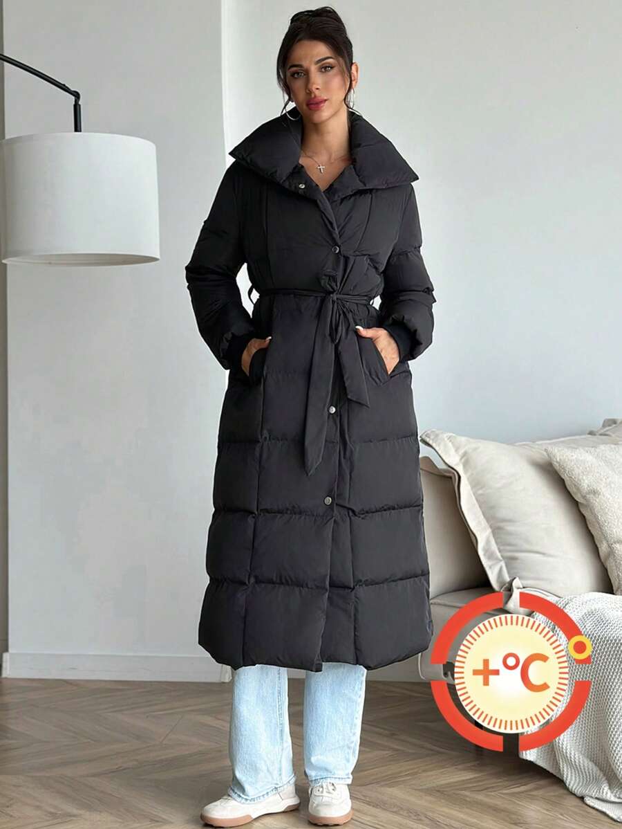 SHEIN Privé Women's Black Lapel Belt Decor Long Padded Coat