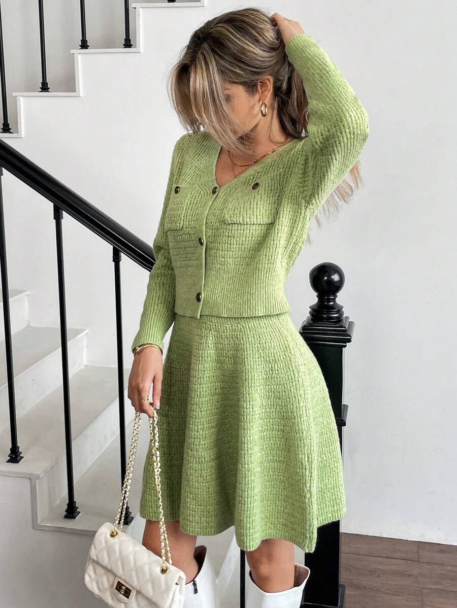 SHEIN Clasi 2pcs Women Solid Color Front Button Pocket Blouse And Skirt Sweater Set