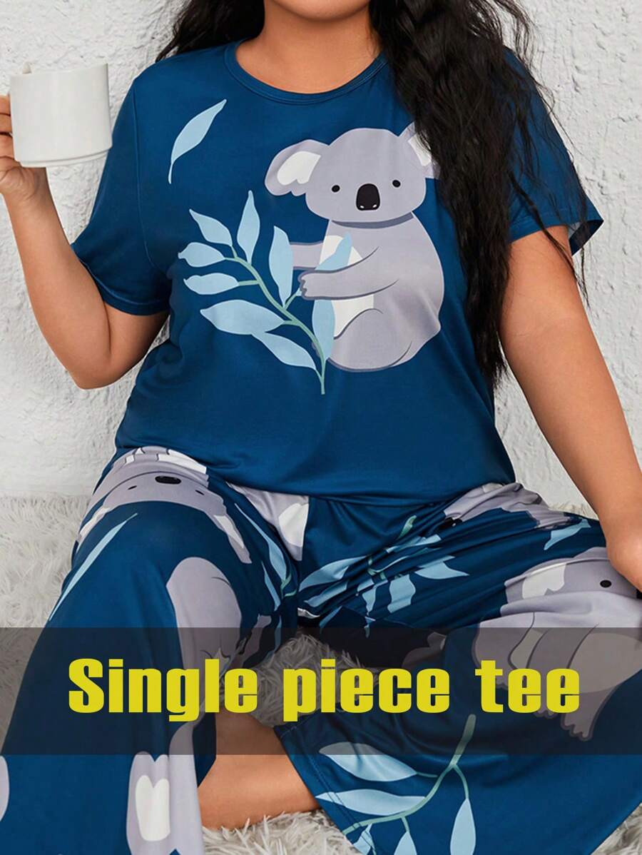 Koala Print Short Sleeve Pajama Sleepwear Top With Round Neck