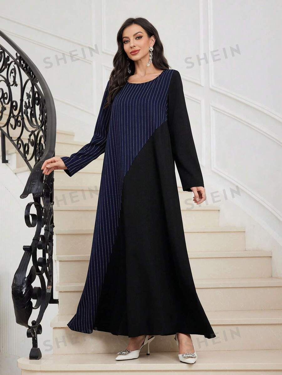 Al Najma Vestido árabe de manga larga con cuello redondo, de corte holgado, estilo color block y diseño de parches a rayas, para uso diario casual. Modesto, elegante abaya, kaftan y jalabiya.