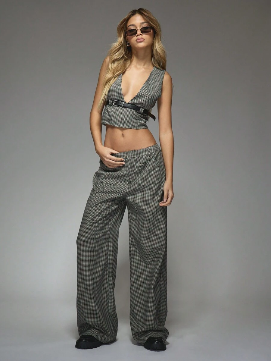 MISSGUIDED Tailored Checkered Patch Pocket Wide Leg Trousers Office Wear