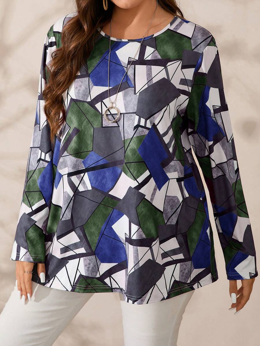 EMERY ROSE Plus Size Fall Women's Geometric Print Crew Neck Long Sleeve Casual T-Shirt, Graphic Tee,Winter Clothes For Women