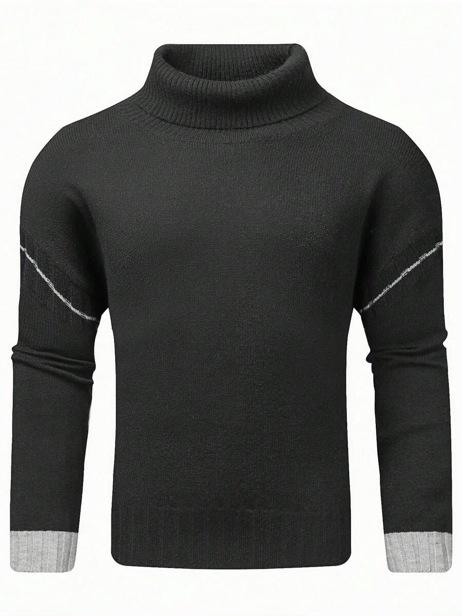 Manfinity Homme Men's Contrast Color Turtleneck Casual Color Block Pullover Long Sleeve Sweater, For Vacation, Friends