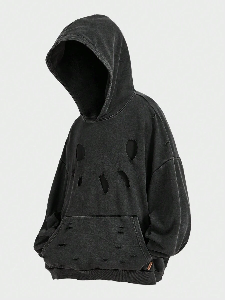 Manfinity NXTstreet Plus Size Men's Speckle Knit Distressed Loose Drop Shoulder Long Sleeve Hoodie Sweatshirt