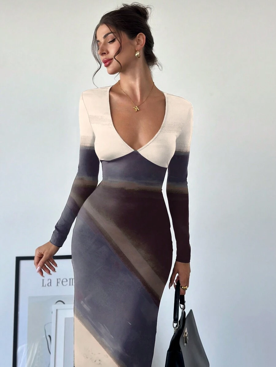 Firerie Women's Sweetheart Neck Color Block Fitted Long Sleeve Dress