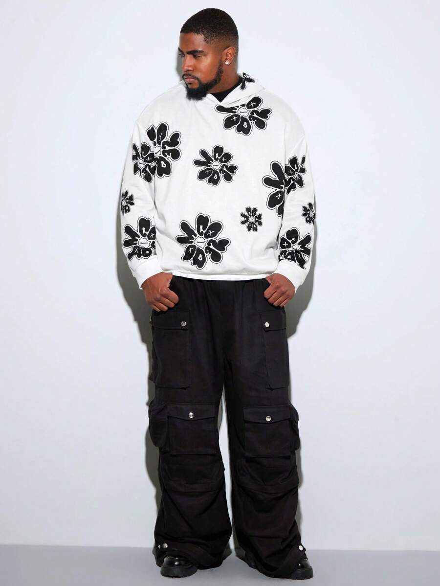 Manfinity VCAY Plus Size Men Floral Pattern Knit Loose Fit Casual Long Sleeve Hoodie Sweatshirt