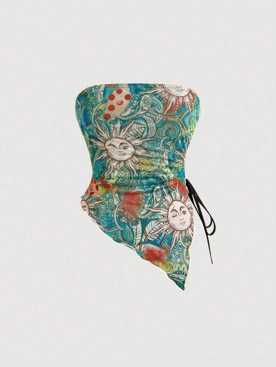SHEIN MOD Women Backless Paisley Print Asymmetric Hem Bohemian Style Bandeau Crop Top,Going Out Tops