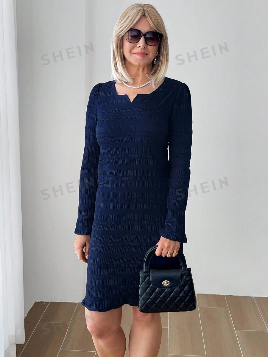 Miaspire Vestido de mujer de otoño con cuello en V con muesca, de tela texturizada azul