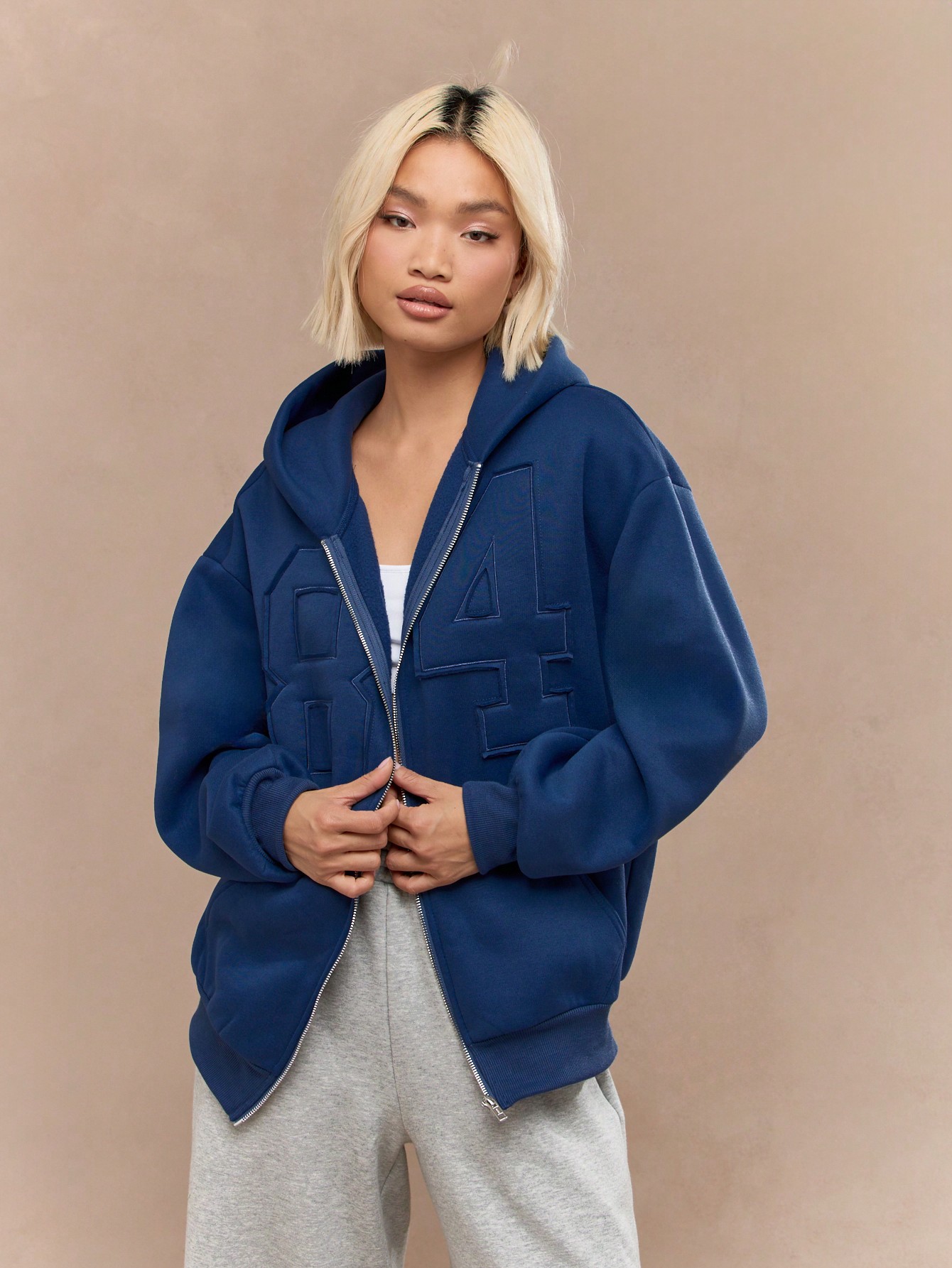 Varsity Style Applique Numbers Full Zip Oversized Hoodie