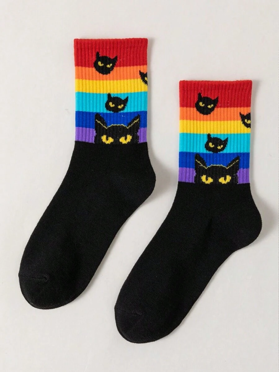 Benitta Artist Retro Minimalist Happy Black Cat & Rainbow Patterned Mid-Calf Socks For Women, Warm For Holiday