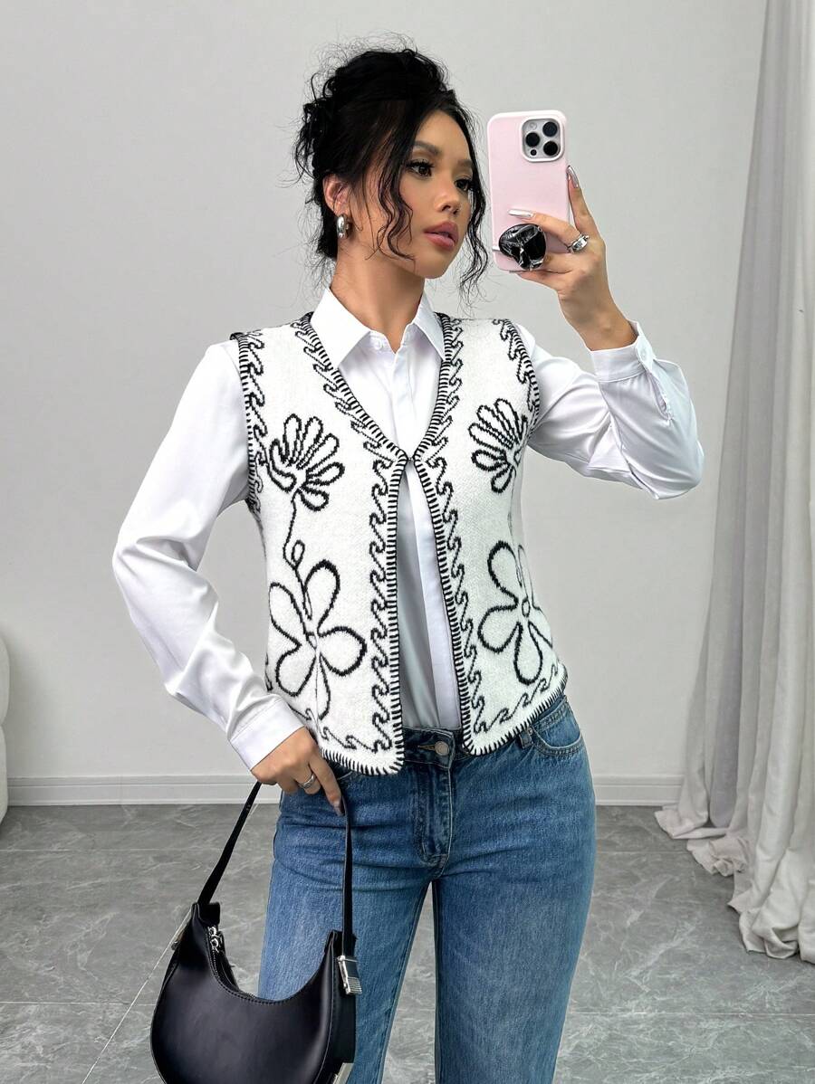 Calvaya French Minimalist Black & White Interwoven Knit Vest For Women