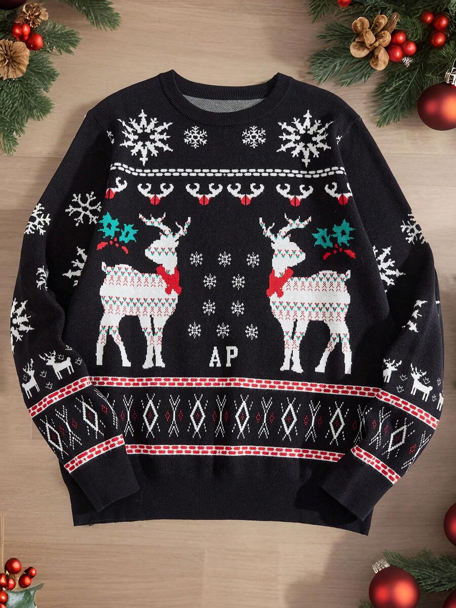 Manfinity VCAY Maglione semplice da uomo a girocollo, maniche lunghe, decorato, casual per uso quotidiano, adatto anche per Natale