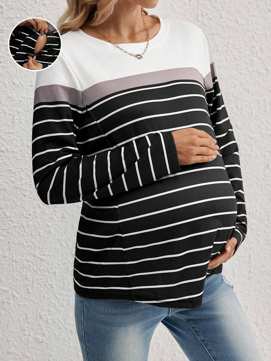 SHEIN Maternity Casual Striped Nursing Top, Loose Round Neck Long Sleeve Tee For Pregnant Women