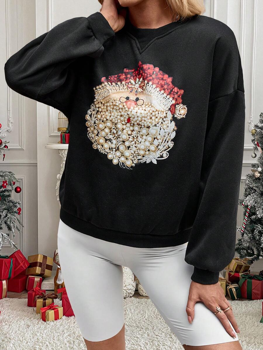 INAWLY Women's Round Neck Long Sleeve Minimalist Santa Claus Print Casual Sweatshirt