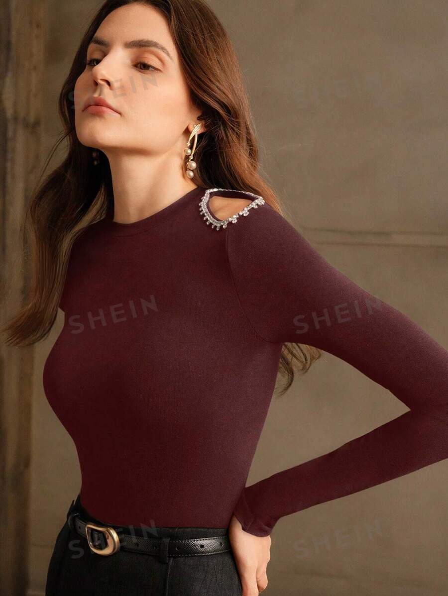 Anewsta Camiseta de manga larga con cuello alto, hombros abiertos, tejido acanalado y strass, elegante y de moda para mujer, para otoño