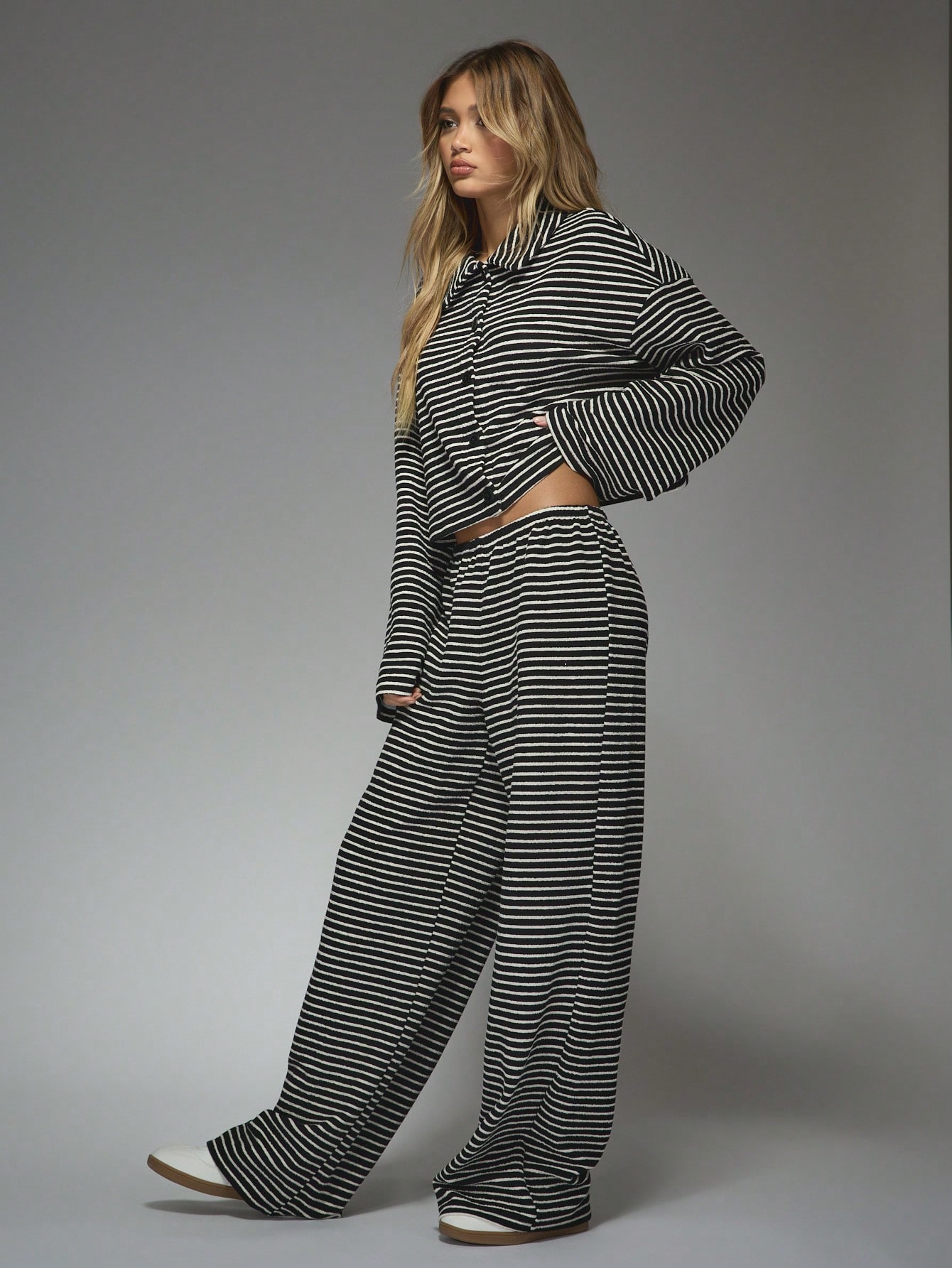 Textured Stripe Wide Leg Pants Office Wear｜MISSGUIDED