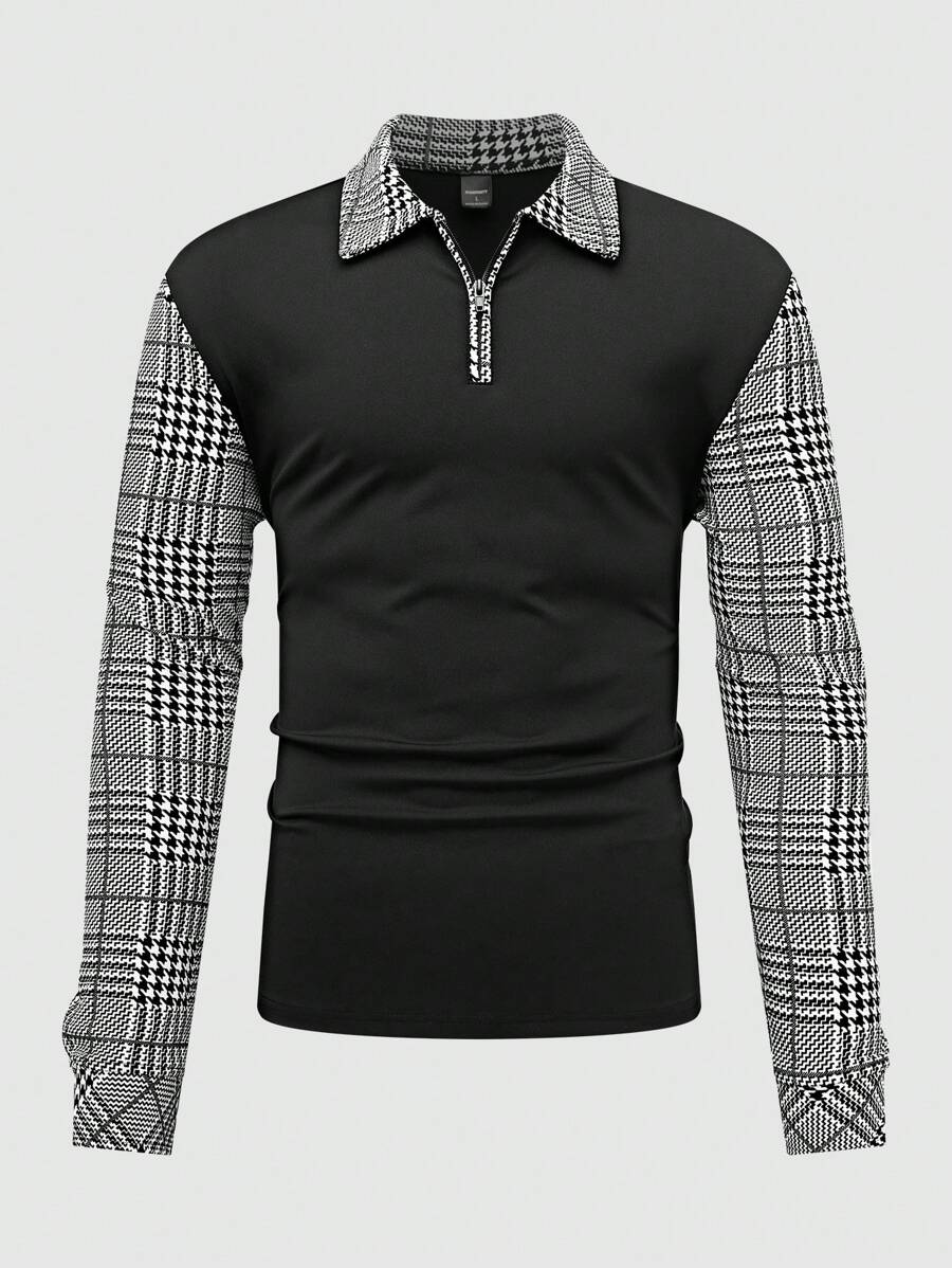 Manfinity Homme Camisa polo de manga larga casual con cremallera delantera, con diseño de cuadros y parches, camisa de golf con cuello de color block de moda para hombres