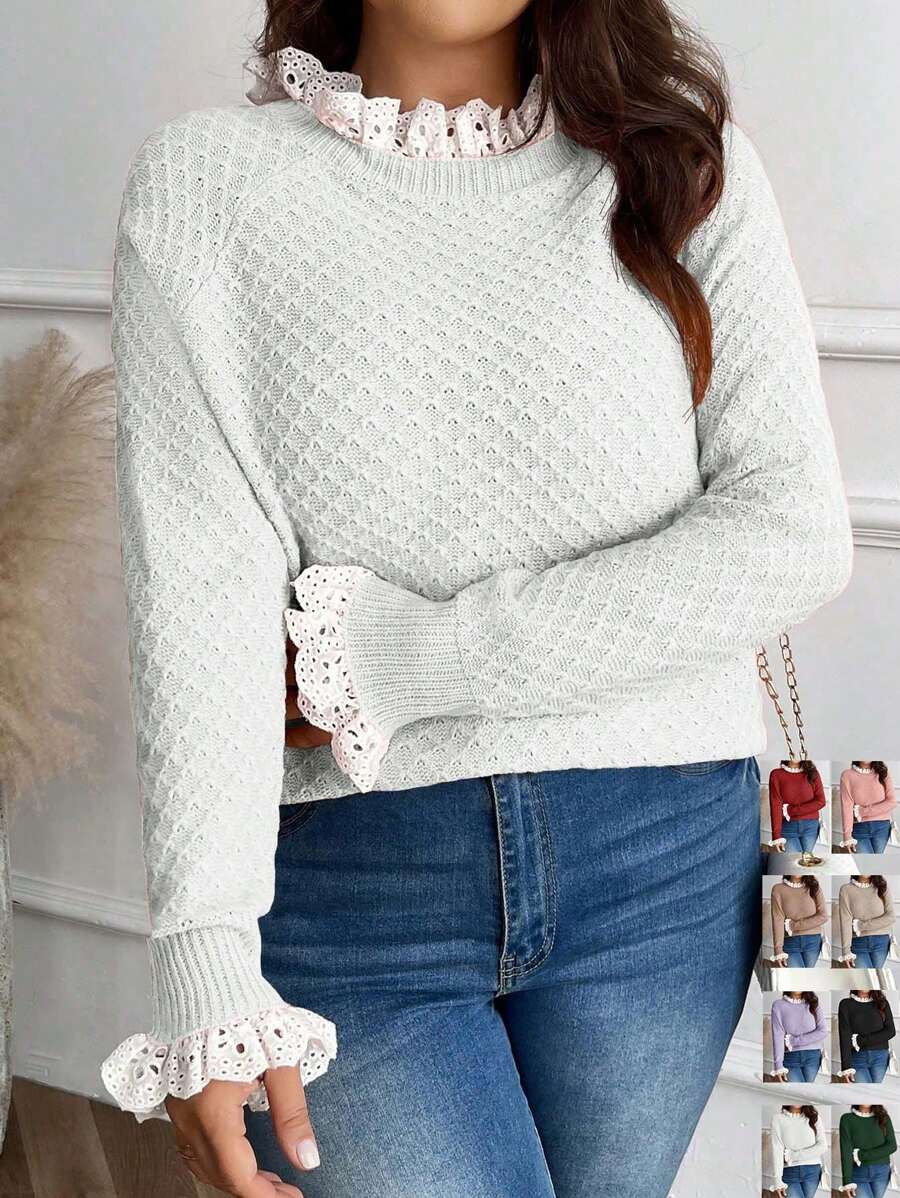 Celure Plus Size Women Contrast Color Lace Ruffled Shoulder Long Sleeve Casual Sweater, Autumn/Winter