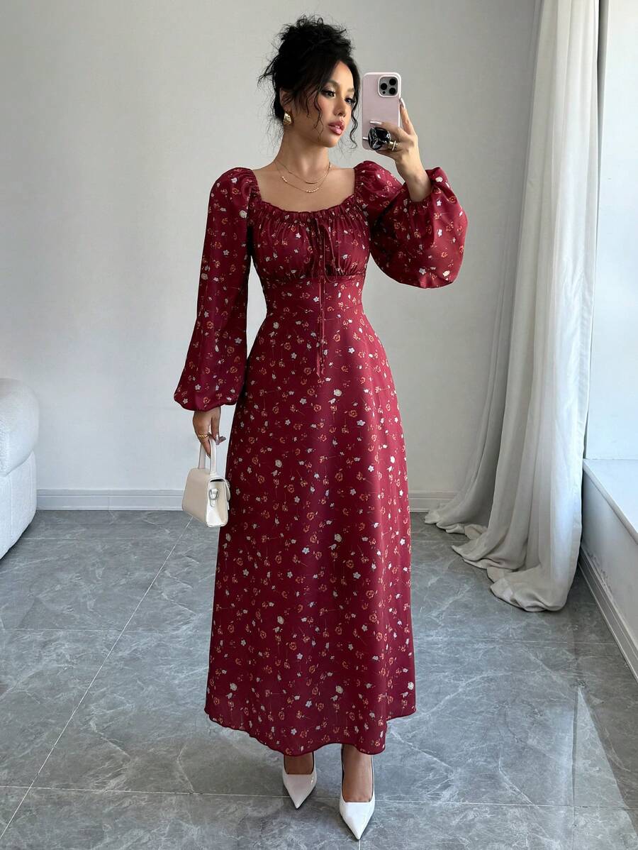 Mulvari Women Casual Ditsy Floral Lantern Sleeve Dress, Autumn For New Year Clothes Maxi Women Outfit