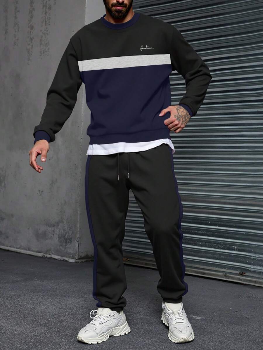 Manfinity LEGND Conjunto de sudadera de manga larga con cuello redondo y bicolor y pantalón de chándal liso con cordón para hombres talla grande
