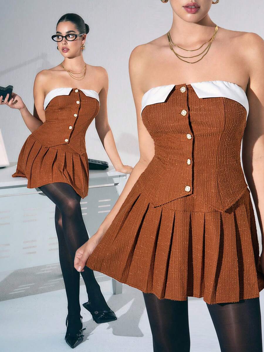 VaVaBold 2pcs/Set Women's Fashion Sexy Office Outfit - Button-Up Collar Asymmetrical Fitted Camisole Top And Pleated Skirt New Years Off The Shoulder Tube Tops Club Holiday Party Outfits Women