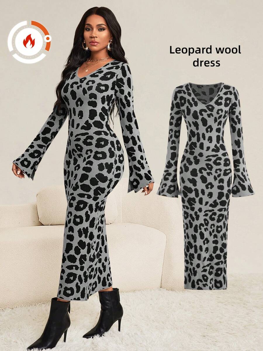 SHEIN Lady Vestido de suéter largo para mujer con estampado de leopardo y mangas partidas, adecuado para primavera y verano en el trabajo