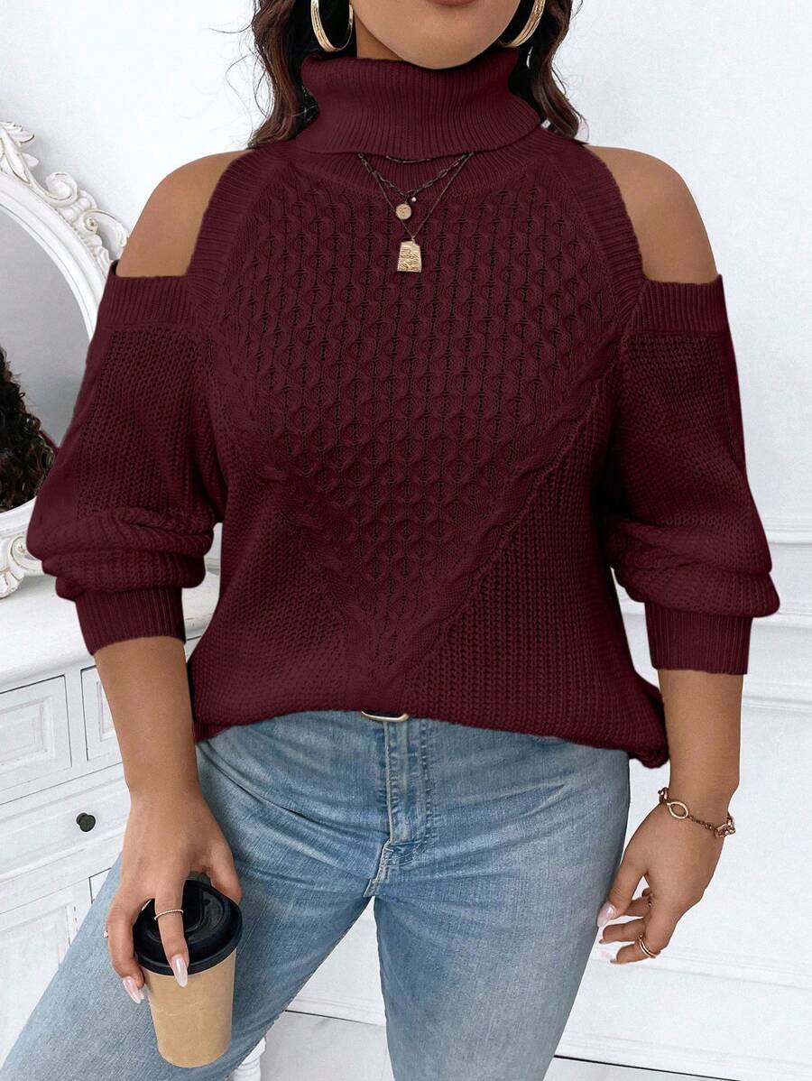 Calvaya Plus Size Casual Solid Color Turtleneck Cold Shoulder Sweater, Autumn/Winter